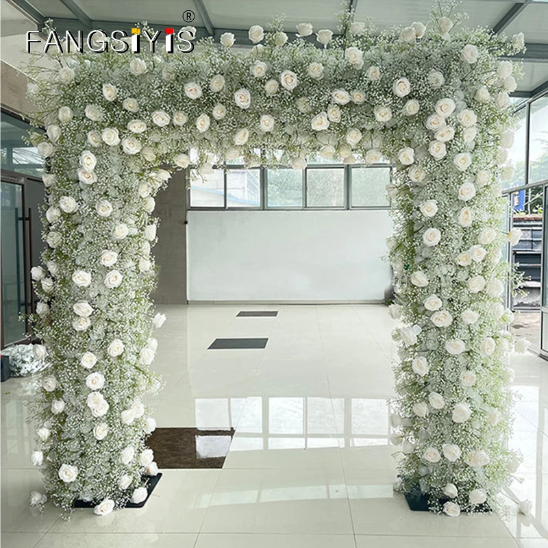 

White Rose Baby breath Rose Wedding Backdrop Arch Decor Flower Row Event Table Centerpiece Ball Stage Road Lead Floor Flower