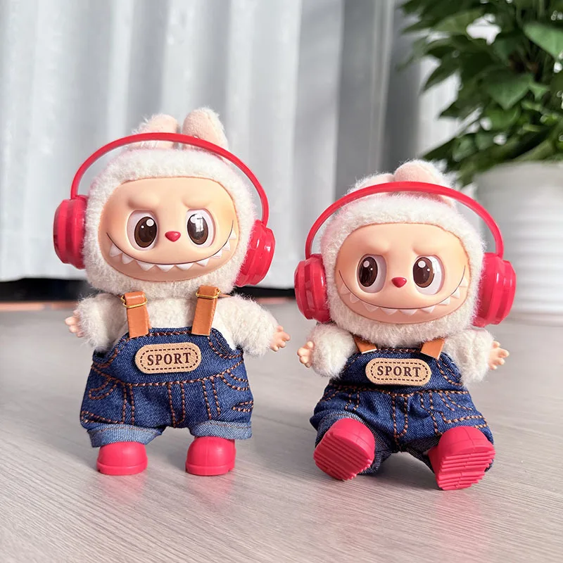 

Clothes For LABUBU 15/17cm 1st 2nd 3rd Gen Cool Street Style Set Sporty Starry Sky Denim Overalls With Red Headphones