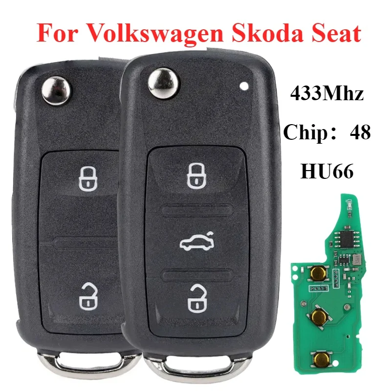 For Volkswagen Skoda Seat VW Passat Sedan Golf 4 5 6 Polo Beetle Eos Jetta Tiguan Rapid 434MHz ID48 Hu66 Fob Flip Remote Car Key