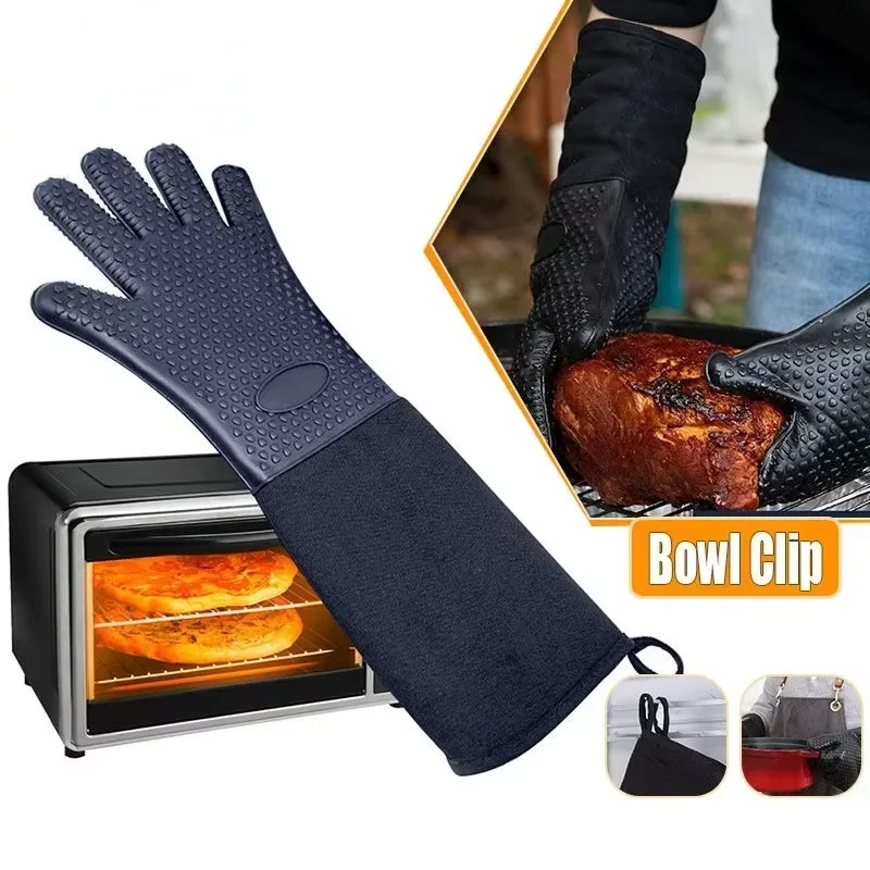 Extra Long Professional Silicone Oven Mitts Gloves with Quilted Liner Durable Heat Resistant Grill Oven Gloves Baking Tools