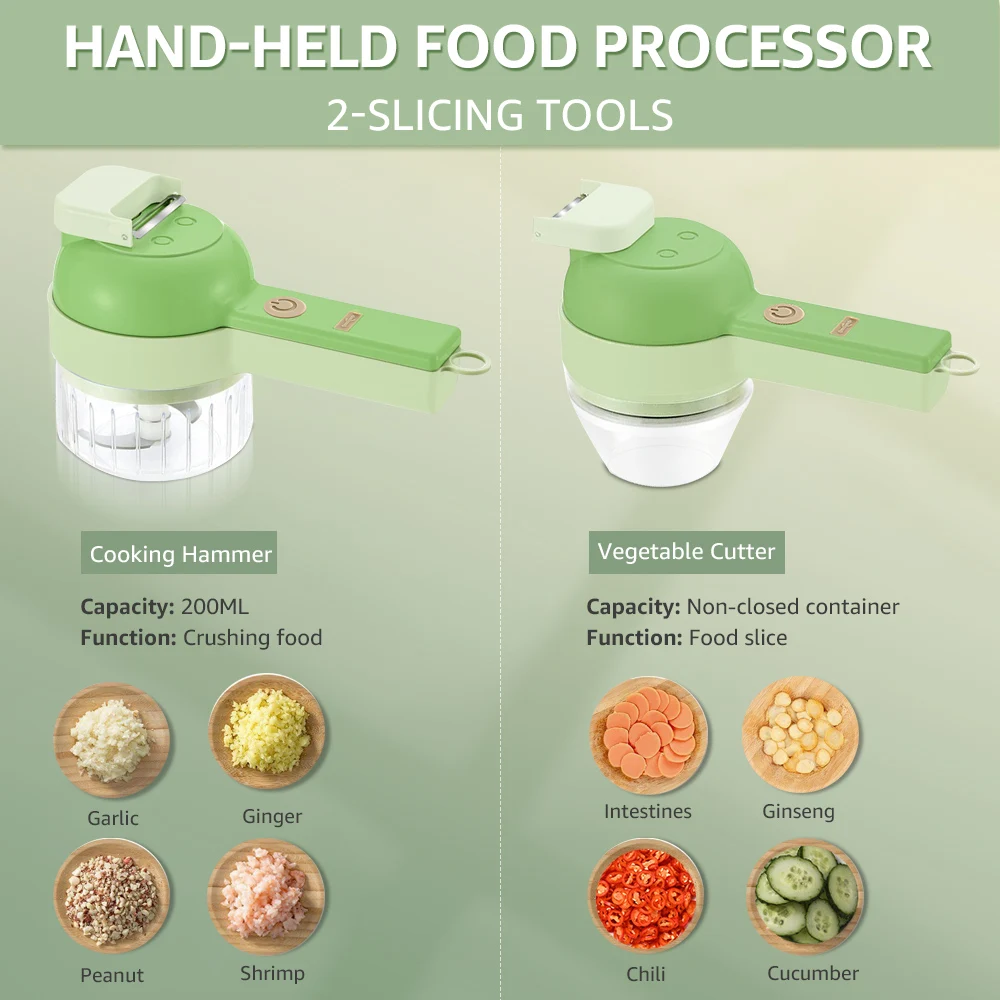 4 in 1 Handheld Electric Vegetable Cutter Garlic Chopper Meat Grinder Food Slicer with Cleaning Crush USB Charging Kitchen Tool