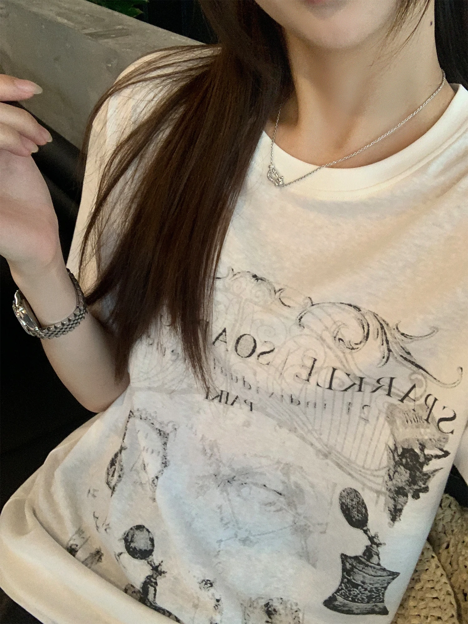 

Женская свободная повседневная футболка в стиле ретро с винтажным принтом, летняя, из смесового хлопка и полиэстера, дышащая, влагопоглощающая