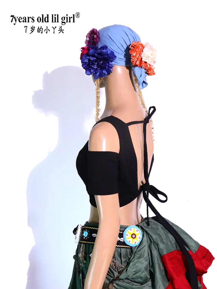 Costume tribale di danza del ventre in cotone Lycra Choli Drop a maniche corte CFF23