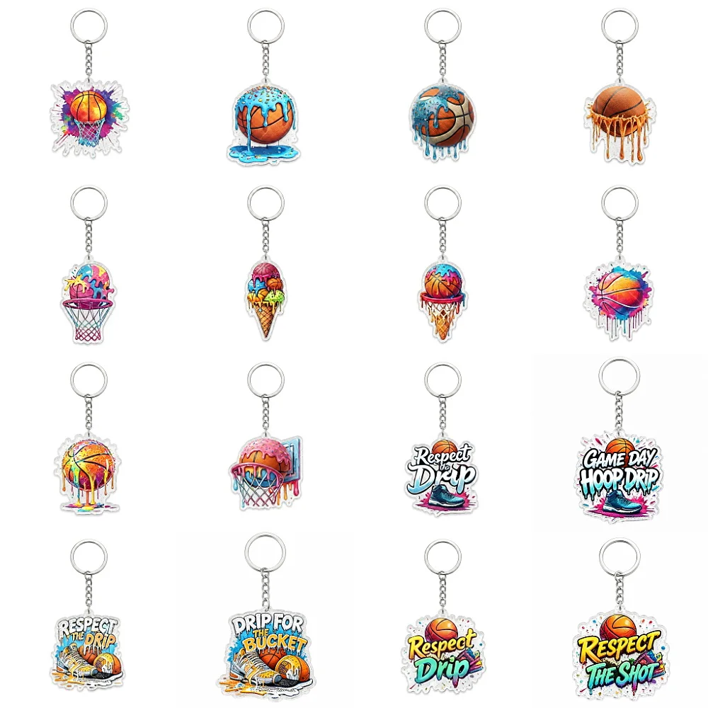 1pcs Basketball Themed Acrylic Keychains Keyring with Drip Graffiti Art Sports Pendant for Fans Accessories