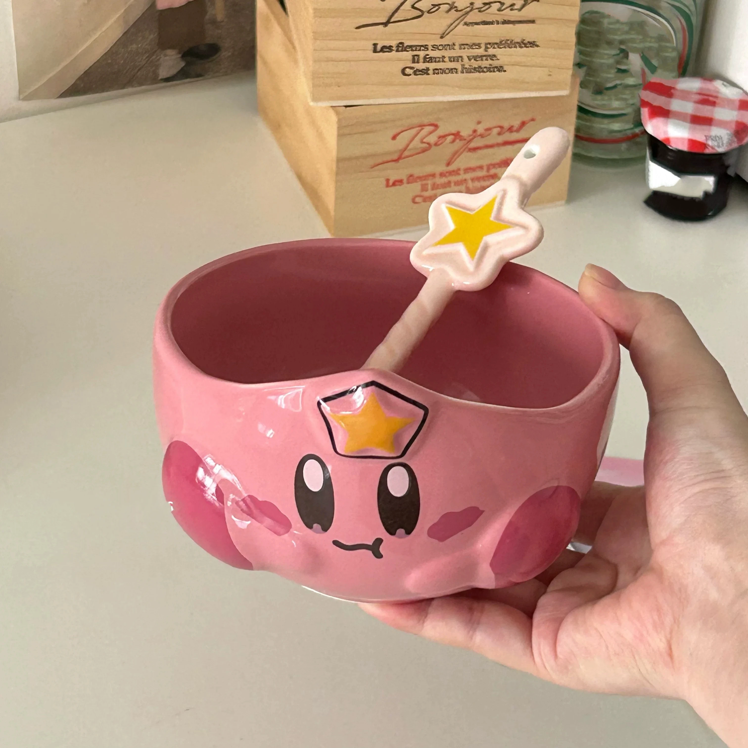 Tazón de Cerámica Kirby, Lindo Diseño de Dibujos Animados en Rosa, Gran Capacidad, con Cuchara a Juego, Vajilla Estética para el Hogar