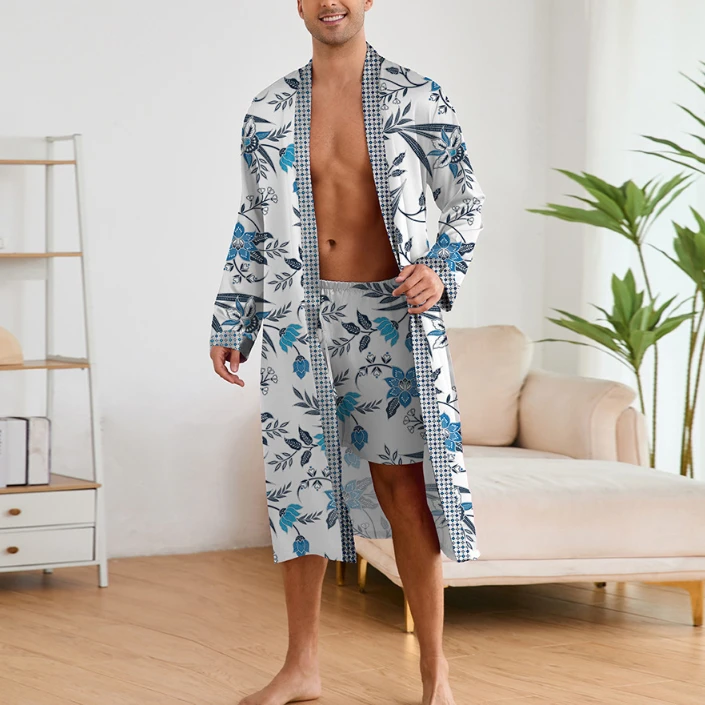 Casual Men's Pajama Sets Elegant Printed Long Sleeve Robe & Shorts Nightgown Set For Daily Wearing Sleepwear Suit