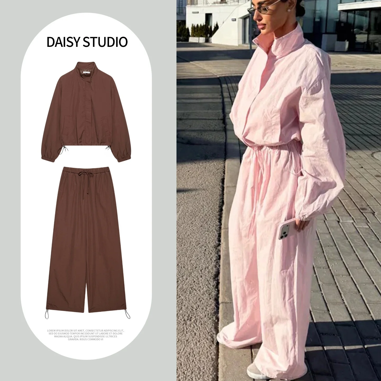 

Spring Summer New Women's Stand Collar Long Sleeve Zipper Short Coat Top Long Casual Wide Leg Pants Set Fashionable Two-Piece...