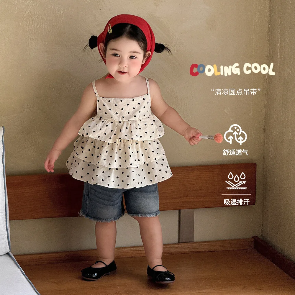 

2026 New Baby Girls Summer Sweet Polka Dot Slip Dress Cute Sleeveless Spaghetti Strap Dress Casual Toddler Kids Daily Wear 1-4Y