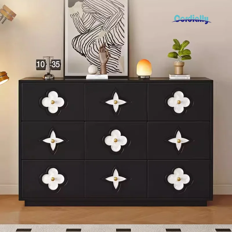 French Style Retro Sideboard Elegant Shell 4leaf Clover Shape Solid Wood Bucket Storage Cabinet Bedroom Living Room Furniture