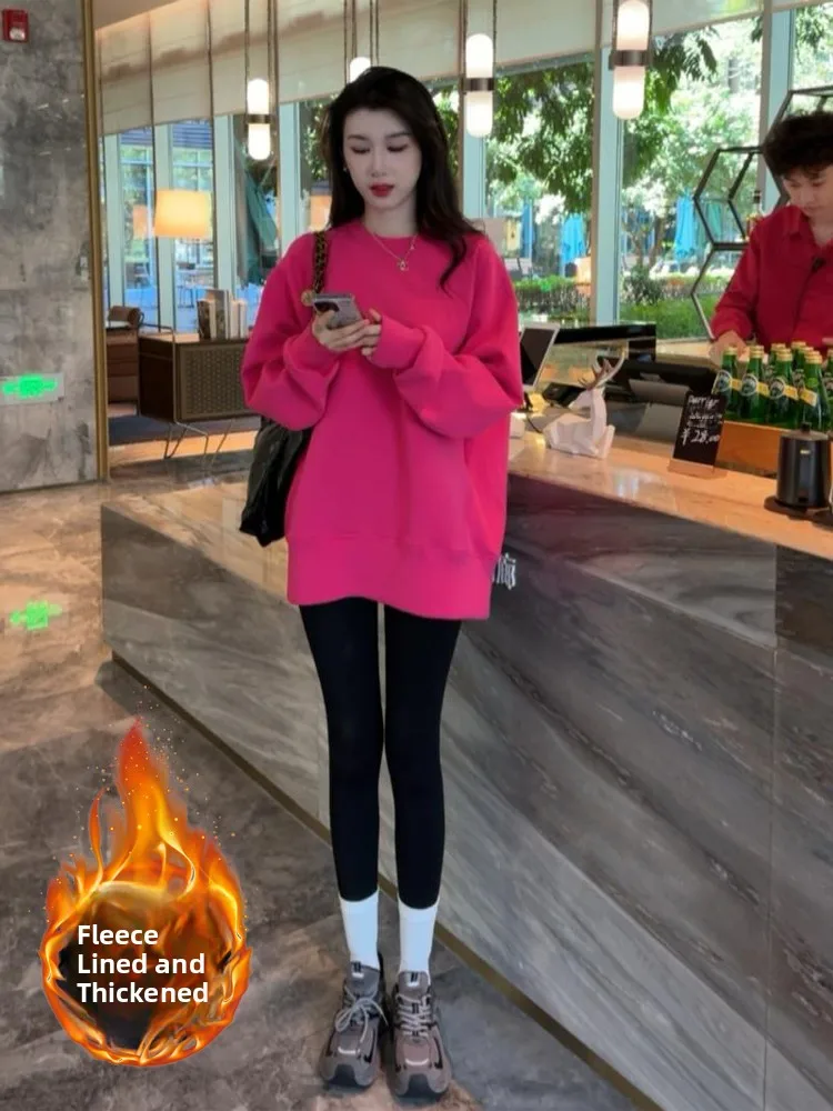 Korean Sle Lazy round Ne Thiened Fce Women's Sweatirt Mid-Length Faionable Autumn Winter New Arrival Streetwear