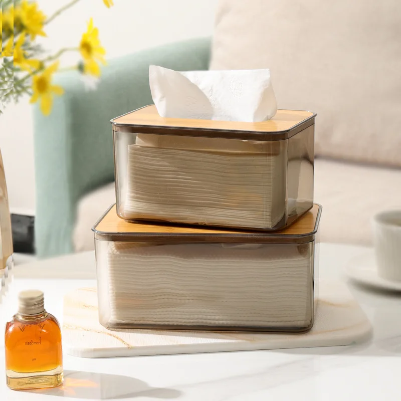 Living Room Home Tissue Box Tea Table Desktop Rectangular Simple Paper Box Transparent Plastic Wooden Cover Creative Tissue Box