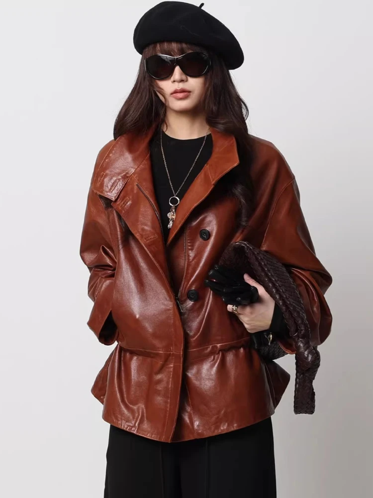 

Genuine Leather Jackets for Women Spring Autumn High-end Simple Adjustable Waist Design Loose Soft Oil Wax Real Sheepskin Coat
