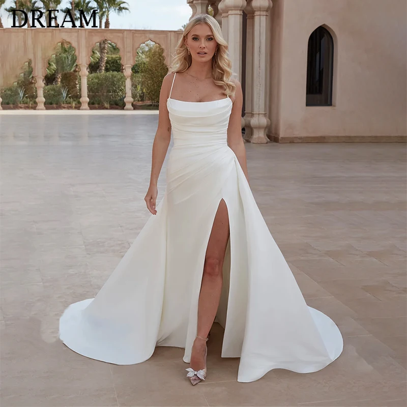 DREAM Customized Elegant Long Wedding Dresses Spaghetti Straps Floor-Length Sweep Train Brides Dress Women Vestidos De Novias