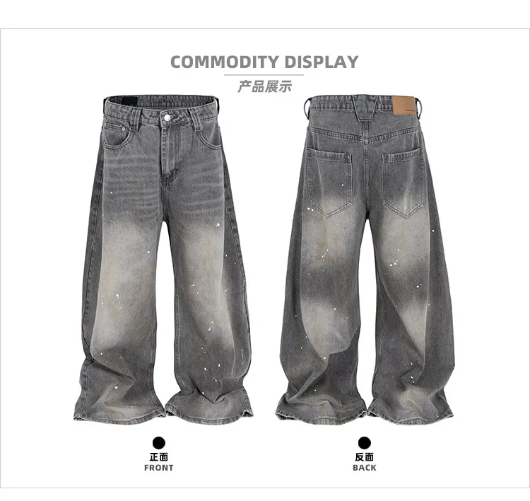 MIJKO Washed Grey Splashed Ink Men Women Fashion Denim Pants
