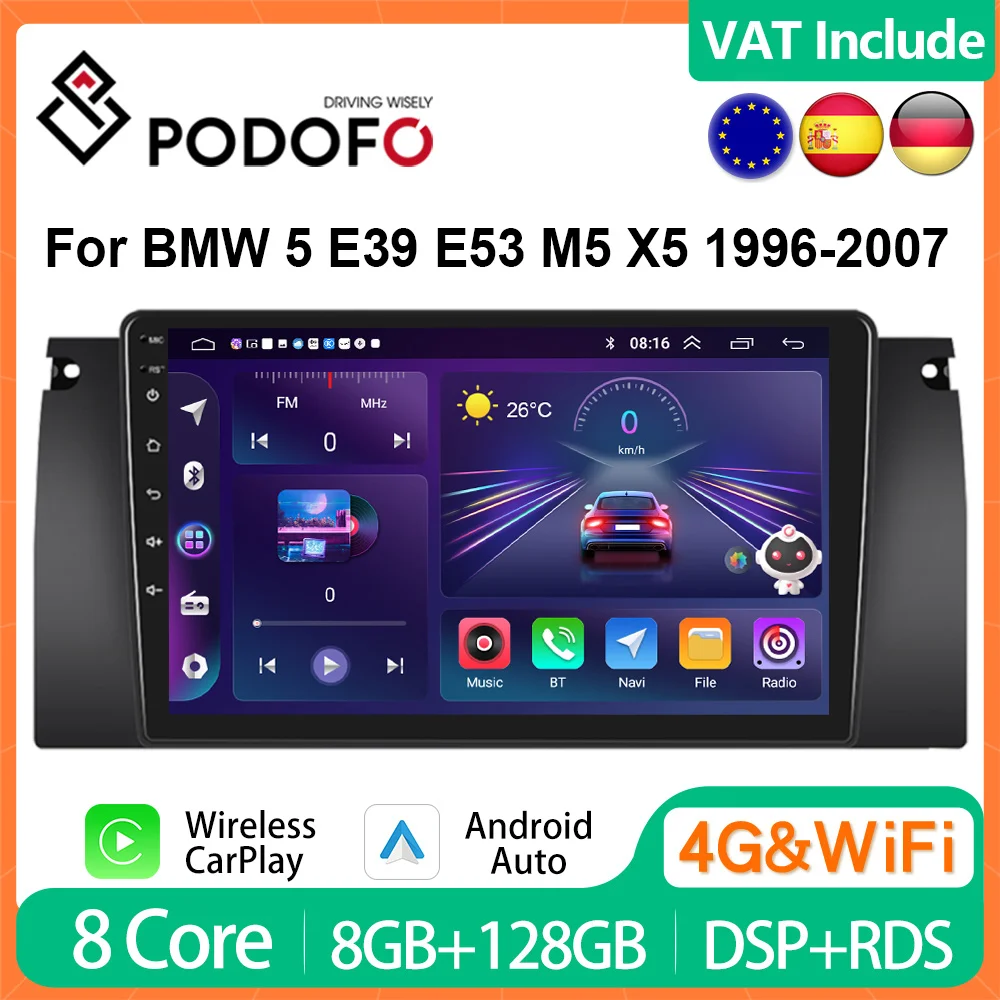 Podofo 4G CarPlay AutoRadio For BMW 5 E39 E53 M5 X5 1996-2007 Android Radio Multimedia Player GPS Navigation DSP 2din Head Unit