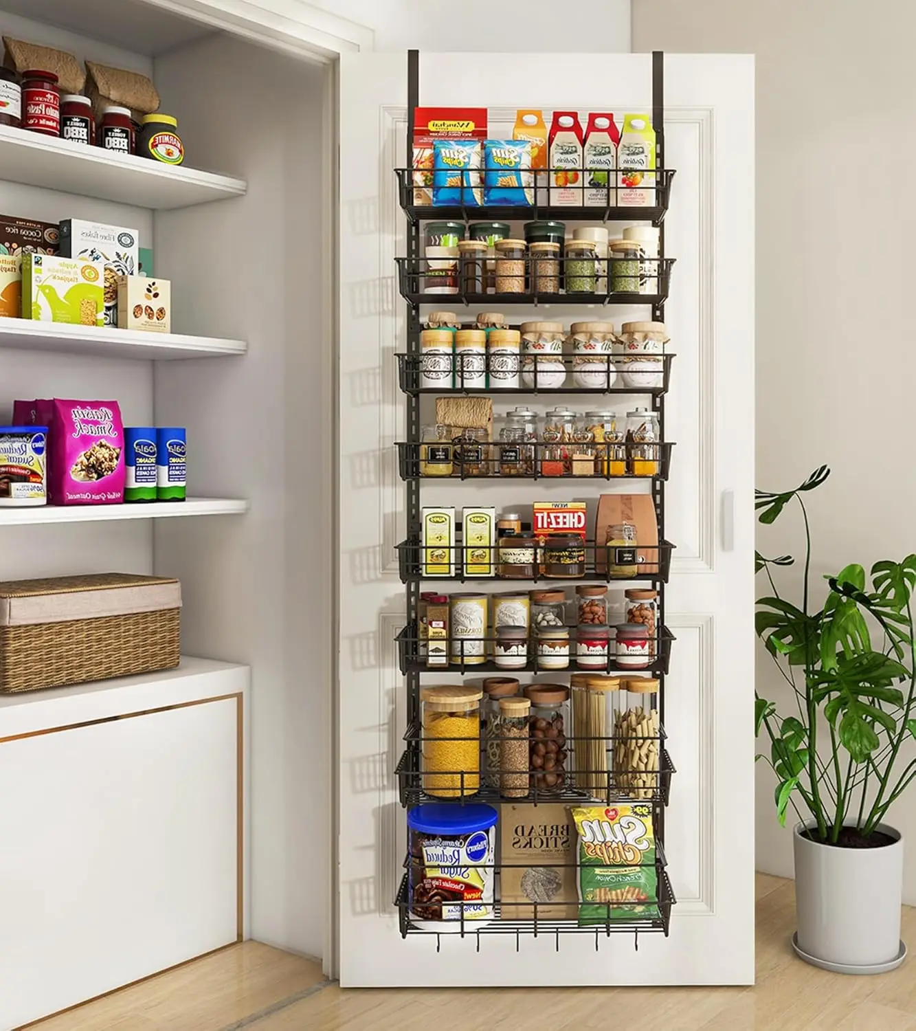 

r The Door Pantry Organizer, Wall Mount Spice Rack, Pantry Hanging Storage And Organization, 8 Adjustable Baskets Heavy-Duty