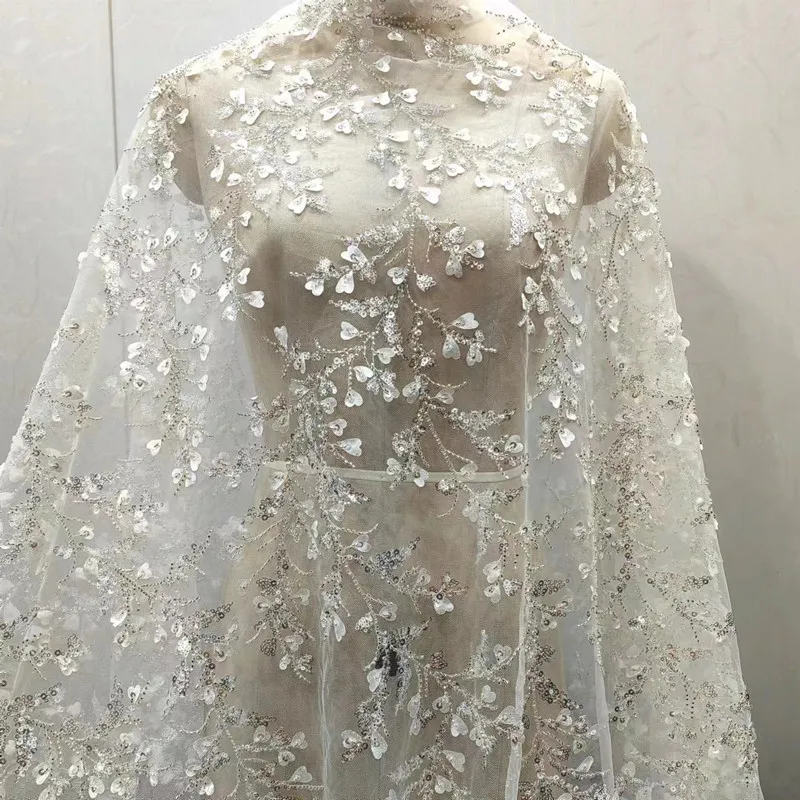

Appliqued Floral Branch Pattern for Bridal Wedding Dress Gowns High-End Apparel Material Embroidered Lace Fabric with Sequins