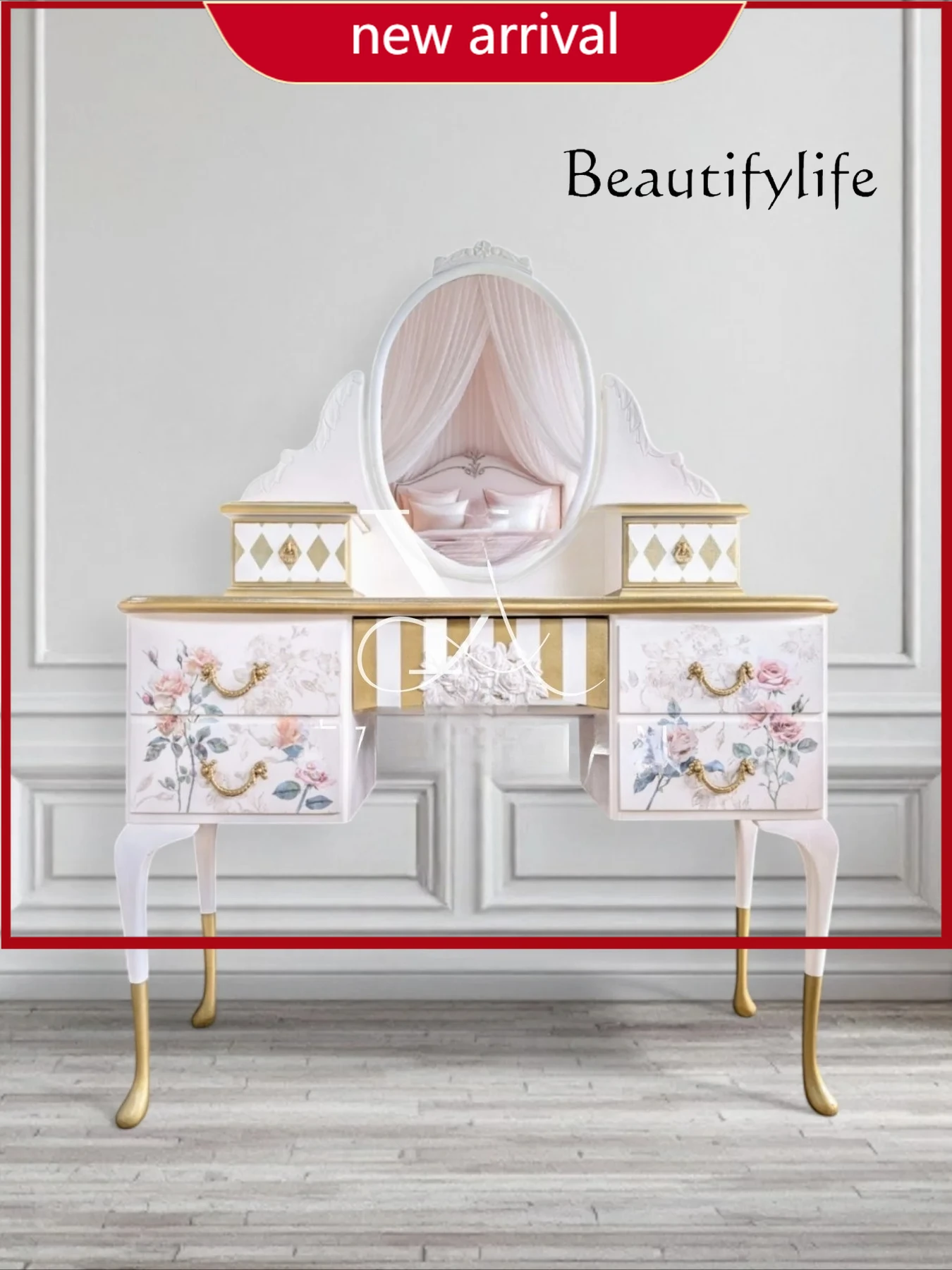 

ZY French Solid Wood Hand-painted Dressing Table American Modern Bedroom Pastoral Painted Dressing Table
