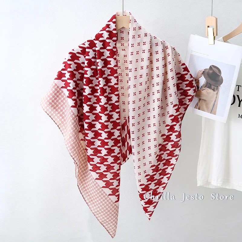 Women Autumn Winter Fashion Soft Multi Funciton Houndstooth Printed Wrap Cotton Feeling 110x110cm Square Hijab Scarf