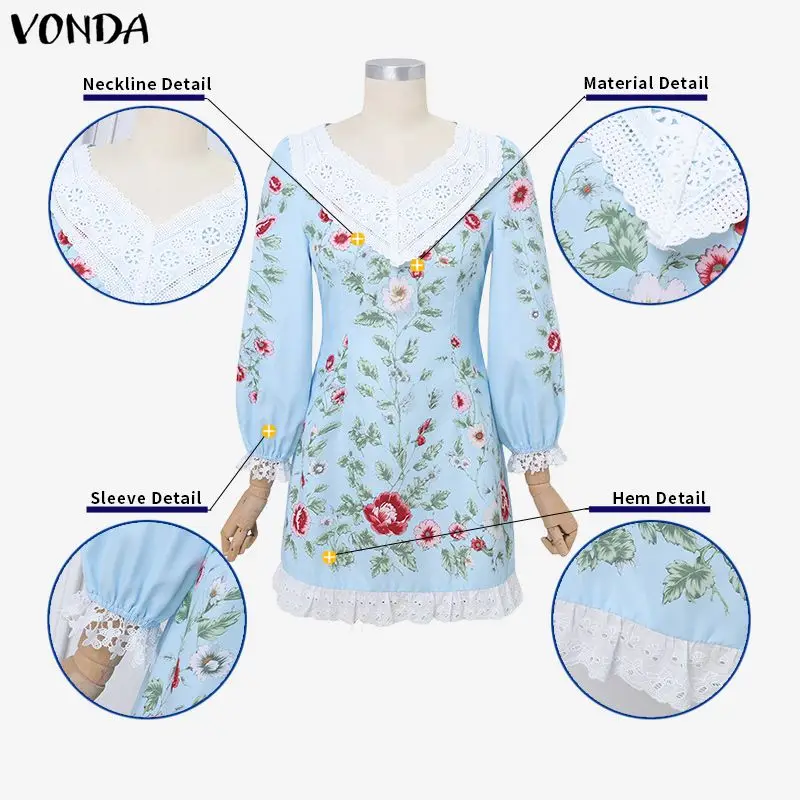 VONDA 보헤미안 꽃 프린트 드레스 여성 긴 퍼프 슬리브 레이스 패치 워크 미니 베스 티드 섹시한 v 넥 패션 streetwear sundress