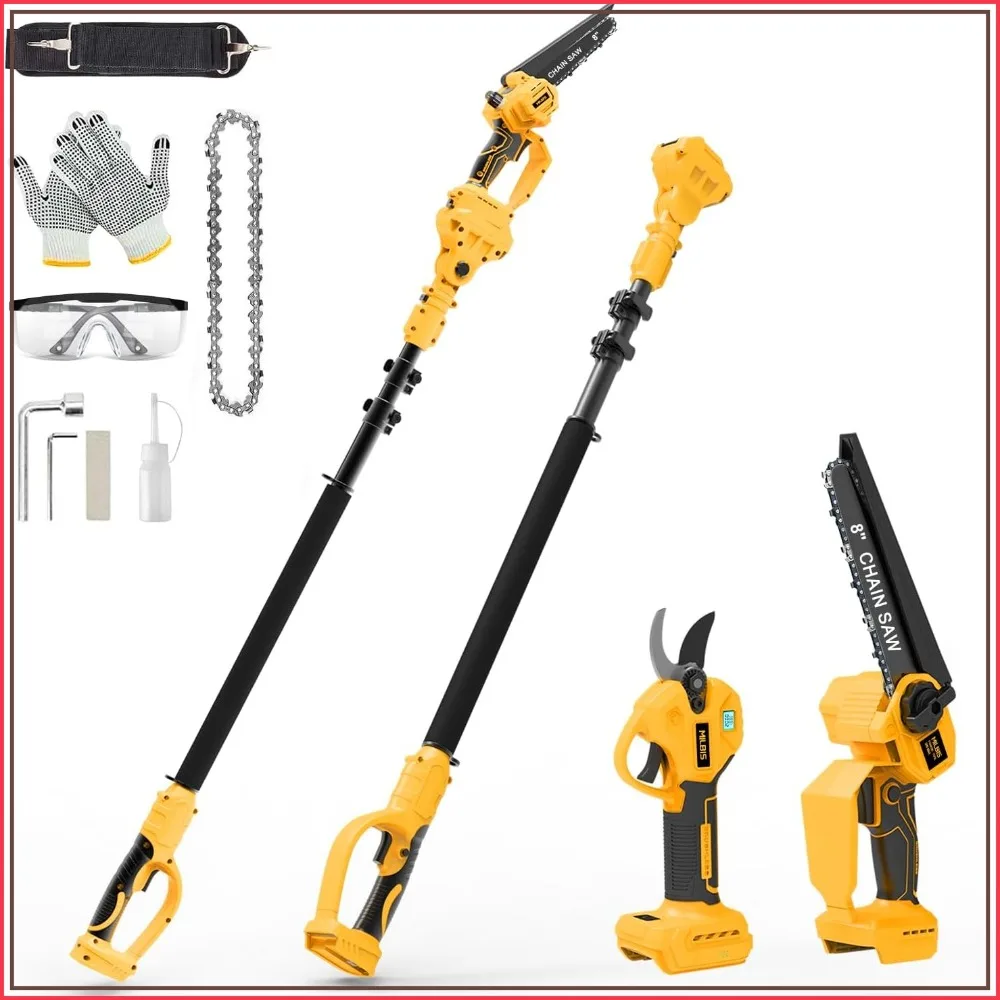 Sierra de poda inalámbrica 4 en 1 y tijeras de podar eléctricas para batería de 20 V, mini motosierra sin escobillas de 8 pulgadas con barra de extensión, alcance de 15 pies, lubricación automática, cortador de ramas y podadora de árboles