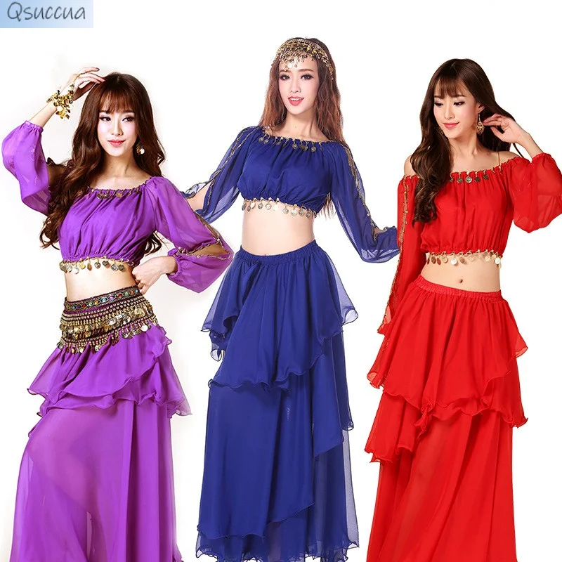 New Belly Dance Suit Lantern Long-Sleeved Cake Skirt Set Indian Dance Performance Practice Costume