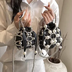 2024 Dark Beaded Small Waste Bag Concave Shape Handle Crossbody Bag Pearl Bag White Beaded Mini Handbag Hand-Woven Messenger Bag