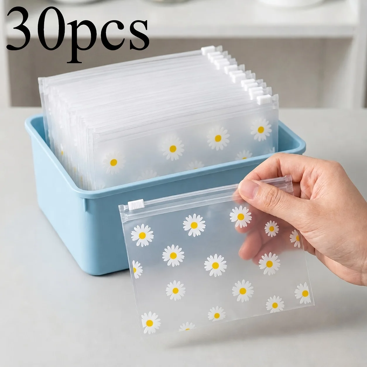 A Gift for Her/Him, 30 Daisy Pattern Frosted Plastic Zipper Bags,Reusable Transparent Storage Bags,Suitable for Jewelry Storage