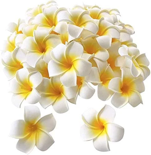 

50 Pcs 2.4 Inch White Artificial Plumeria Rubra Hawaiian Flower Petals Hair Hat Flowers for DIY Beach Wedding Party Decoration