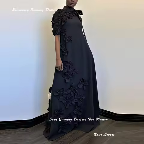 Customized 3D Flower Lace Up Mid Sleeve Maxi Dress Black Evening Dress Floor-length Formal فساتين سهره Party Gowns