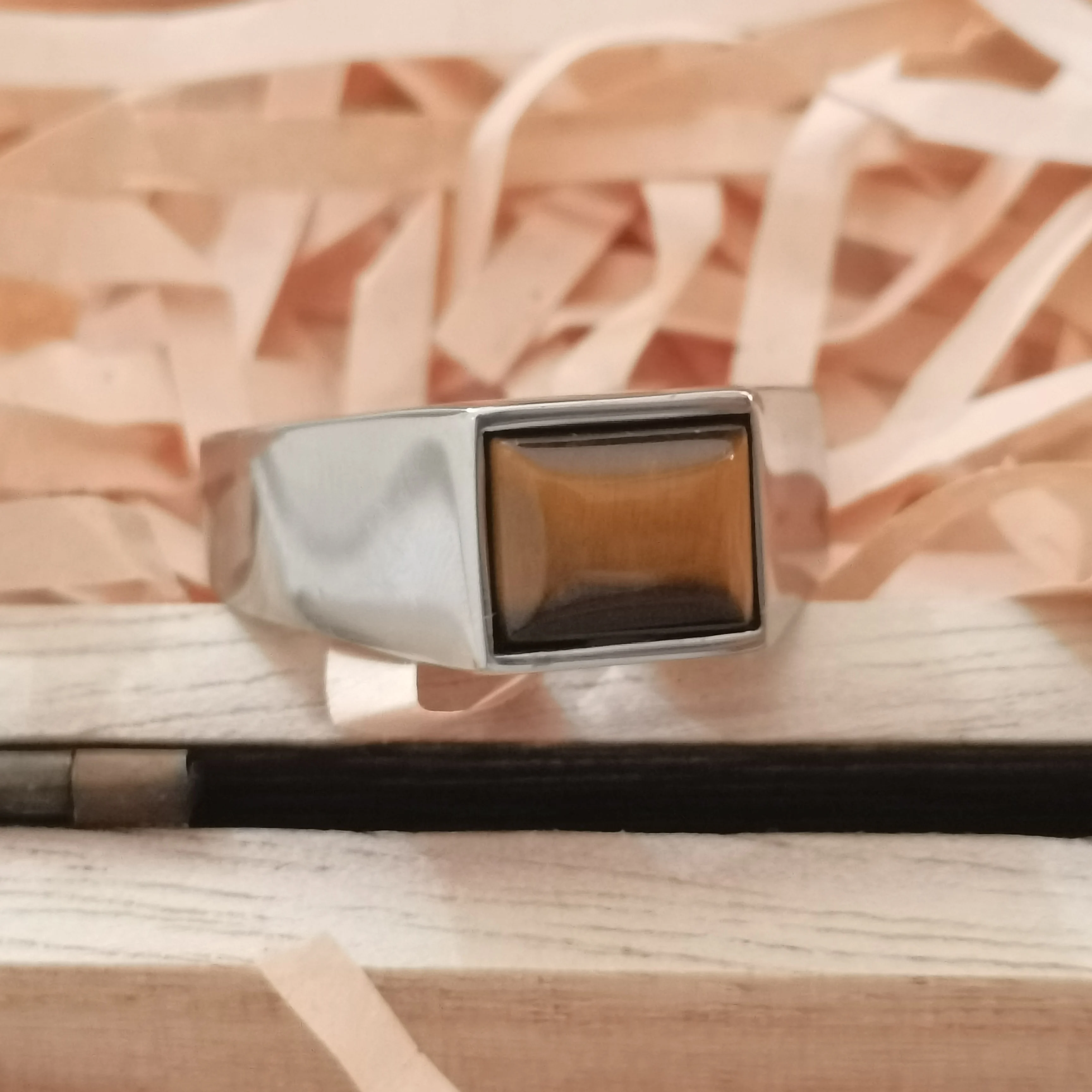 Classic Men\'s Square Natural Tiger Eye Stone Ring Simple Fashion Silver Color 316L Stainless Steel Engagement Jewelry for Men