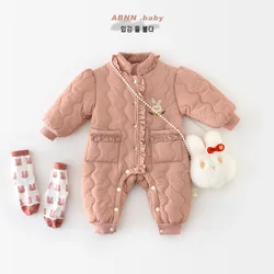 2024 Winter Korean Baby Girls Jumpsuit Solid Lace Cotton Quilted Thickened Warm Infant Girls Rompers Newborn Girls Bodysuit