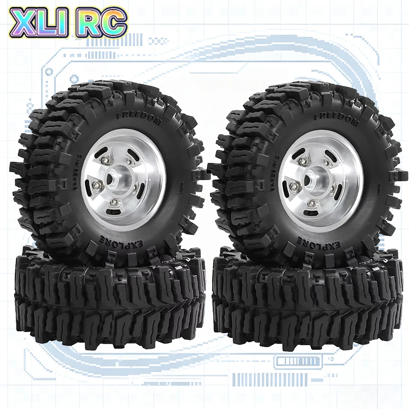 4Pcs 1.3 Inch 64mm Mini RC Crawler Rubber Tires & Metal Beadlock Rims for 1/24 Axial SCX24 1/18 Traxxas Off-Road RC Car Accessor