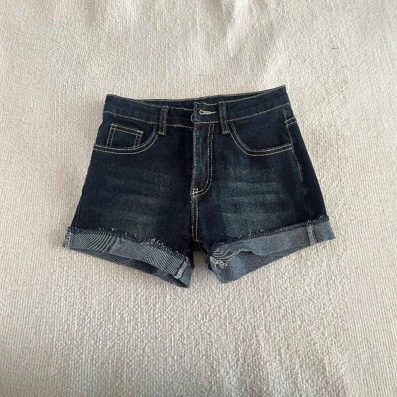 

Deep Blue Retro High Waist Denim Shorts Women's Summer Small Size Elastic Casual Versatile A-Line Hot Pants Sexy Girl Style