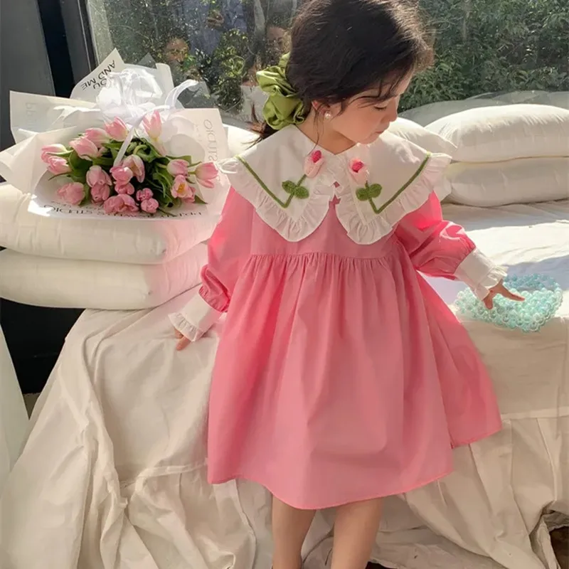 Teenage Girls Dress 2024 Spring New Children\'s Ruffle Doll Neck Princess Dress Girls\' Baby Korean Cotton Long Sleeve Dress