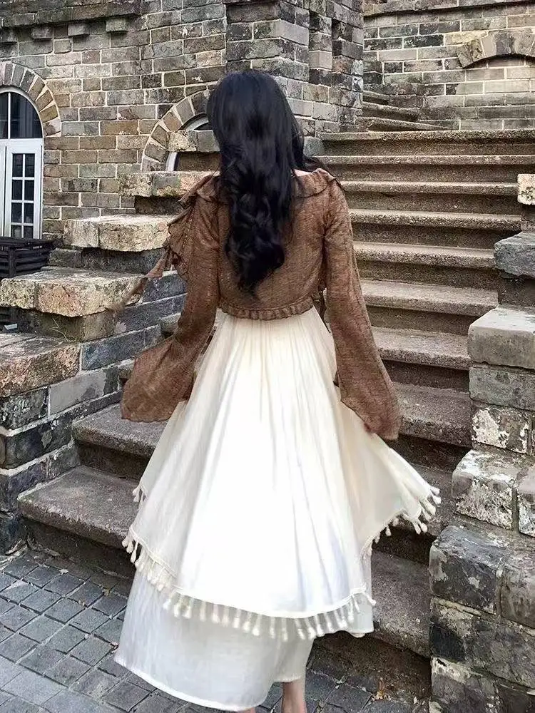 New Aesthetics Chinese Style Elegant Suit Woman Korean Fashion Set Casual Crop Tops + Irregular Sleeveless Tassels Dress Chic - view 4