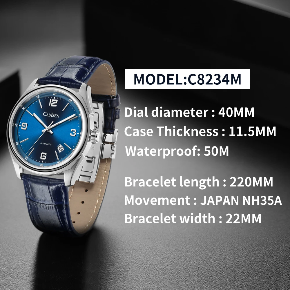 CADISEN Men\'s Automatic Stainless Steel Watch with Blue Leather Belt Japan NH35A Mechanical Watch Fashion Casual Men\'s Watch