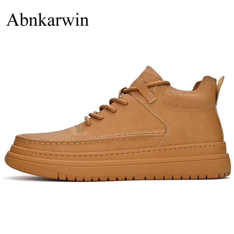 Leather High Top Sneakers Men Skateboarding Shoes Autumn Winter Platform Casual Shoes Thick Soles Fashion Yellow Black