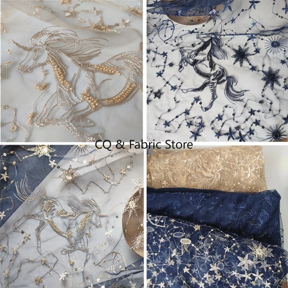 3D 자수 비즈 및 스팽글 메쉬 레이스 원단 플라잉 호스 의류 원단 DIY 여성 드레스 스커트 액세서리 미터 단위 판매