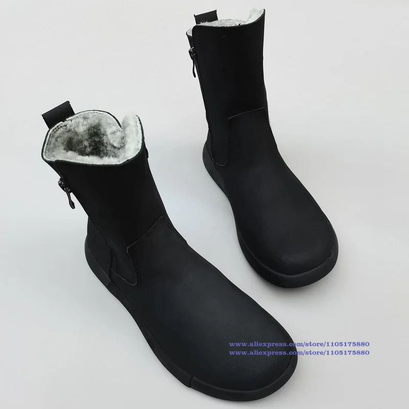 Black Leather Men's Snow Boots Side Zipper Soft Leather Soft Sole High Top Boots Winter Trendy Handmade Men's Shoes Botas Mujer