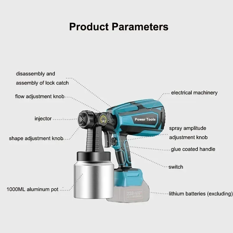 Pistola a spruzzo elettrica da 1000ML spruzzatore di vernice a batteria 1100W spruzzatore staccabile ad alta pressione rivestimento a parete strumenti per aerografo 110V/220V