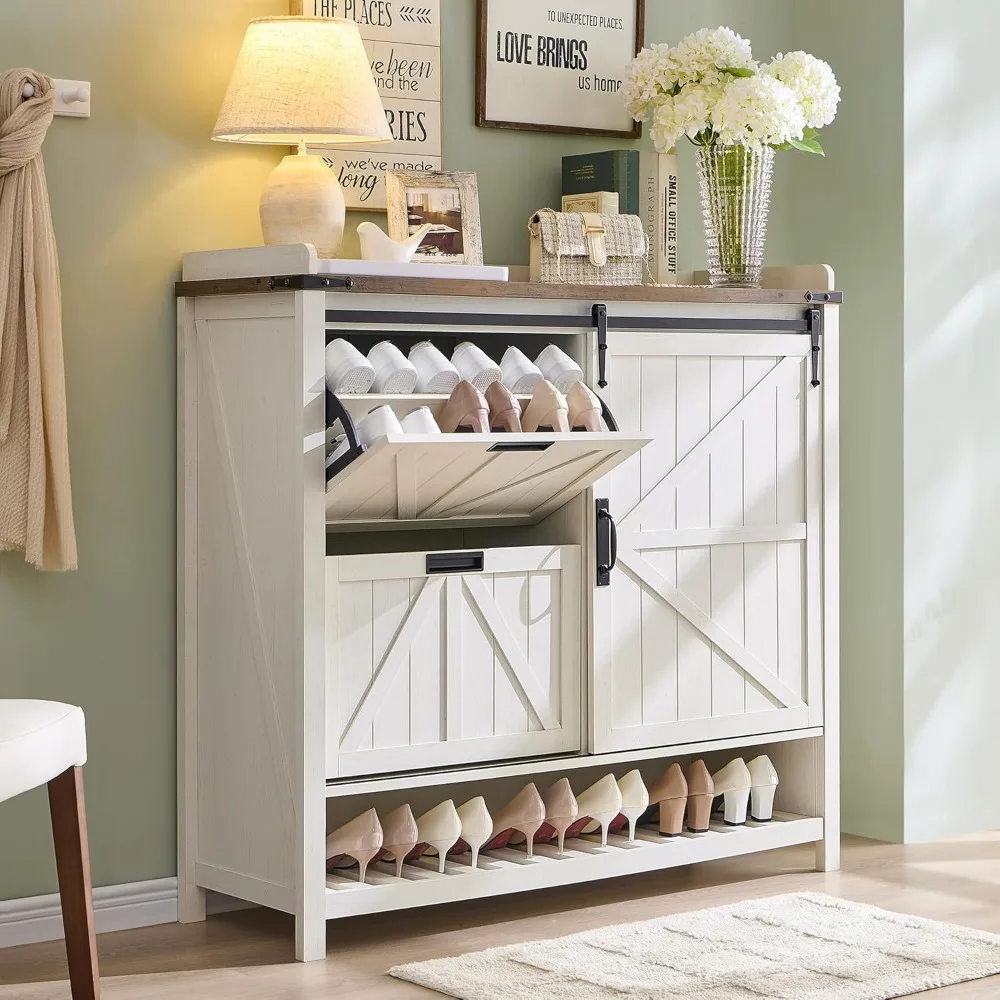 Farmhouse Style Shoe Cabinet with Flip Drawers, Sliding Door, and Adjustable 4-Tier Shelves for Large Entryway Storage