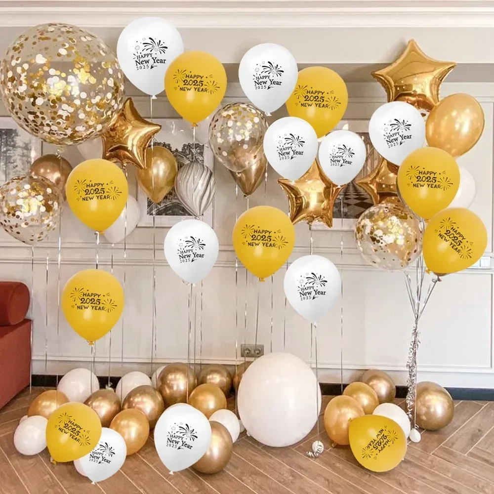 60/12PCS New Year Theme Latex Balloon Enduring Black Gold Sliver Inflation Balloons 2025 New Year Home Party Decoration Supplies