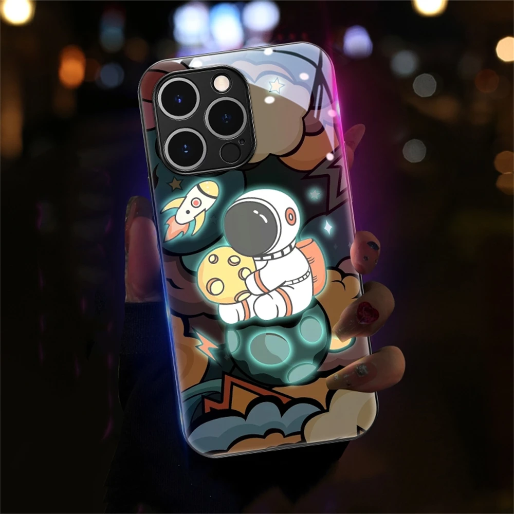 

Fashion Gifts Astronaut Smart LED Light Glow Tempered Glass Phone Case For iPhone Air 17 E 16 E 15 14 13 12 11 Pro Max Plus