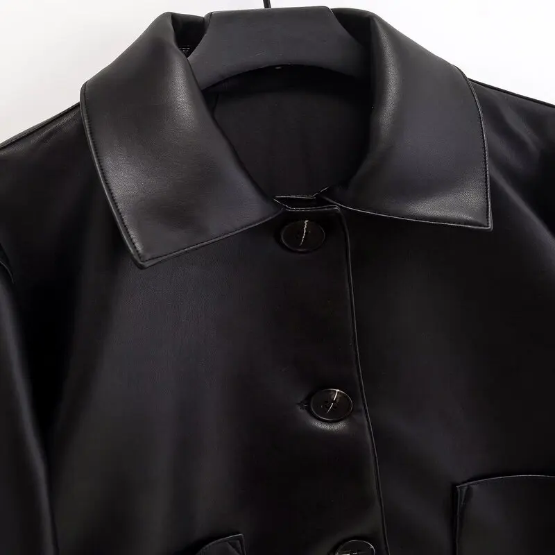 Ele Bla Leather Biker Jaet ort Coat for Women Flip Collar Autumn New Sle Faionable Straight Cut Long Sve Coat