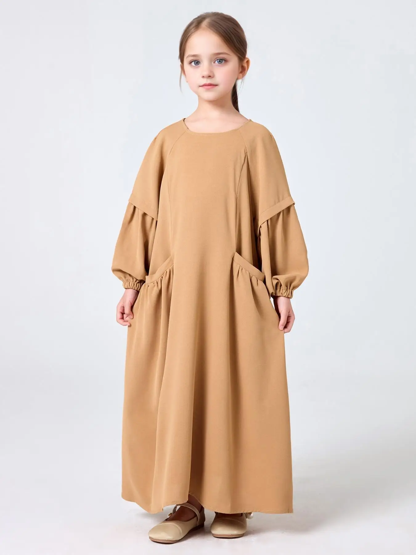 

Middle Eastern Muslim Girls Pure Color Round Neck Pocket Pleated Dress Abaya Robe