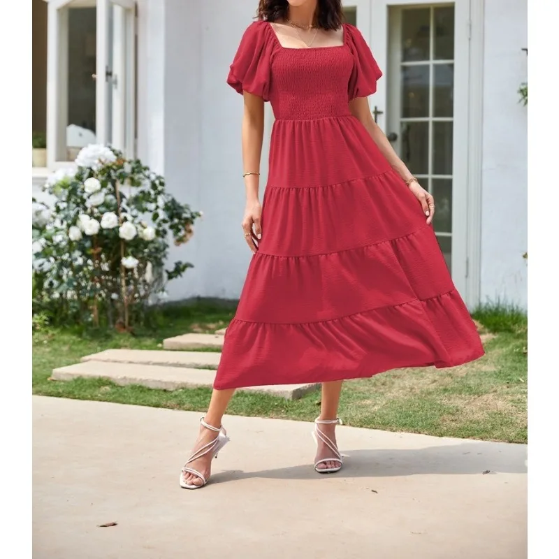 

Solid Color Long Party Dresses Woman Summer Bubble Sleeve Resort Pleated Dress Y2k Woman Elegant Bohemia Clothing Ropa Mujer