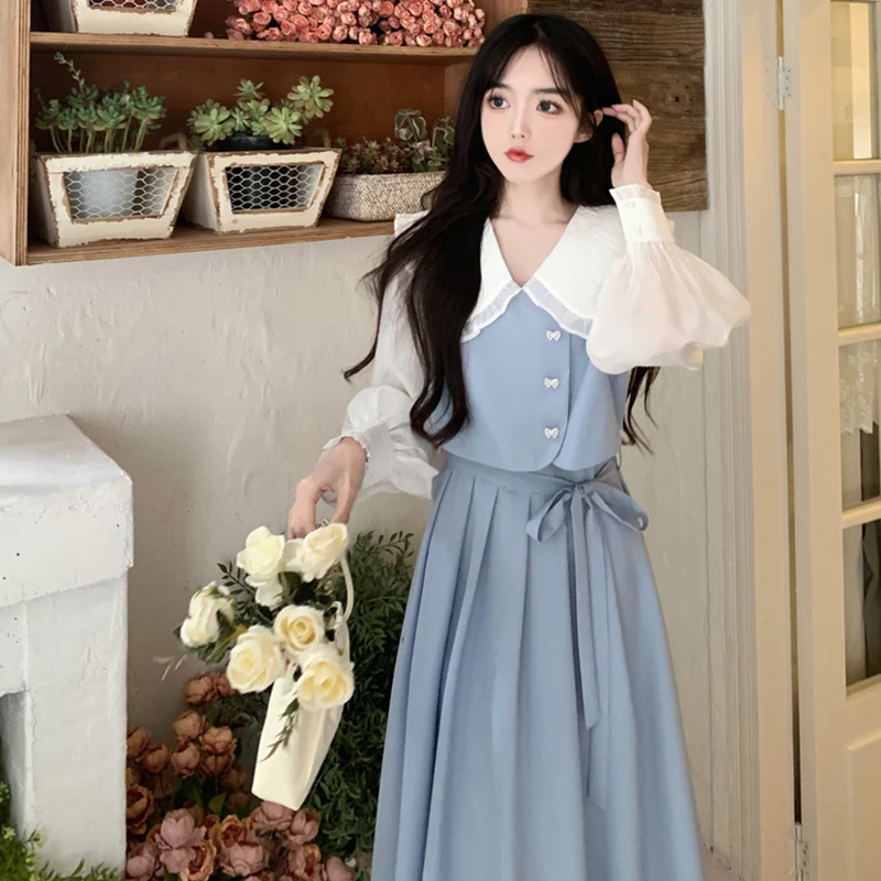 

College Style Pleated Dress For Teens Preppy School Fashion Korean Women Kawaii Lolita Elegant Peter Pan Collar Sweet Officewear