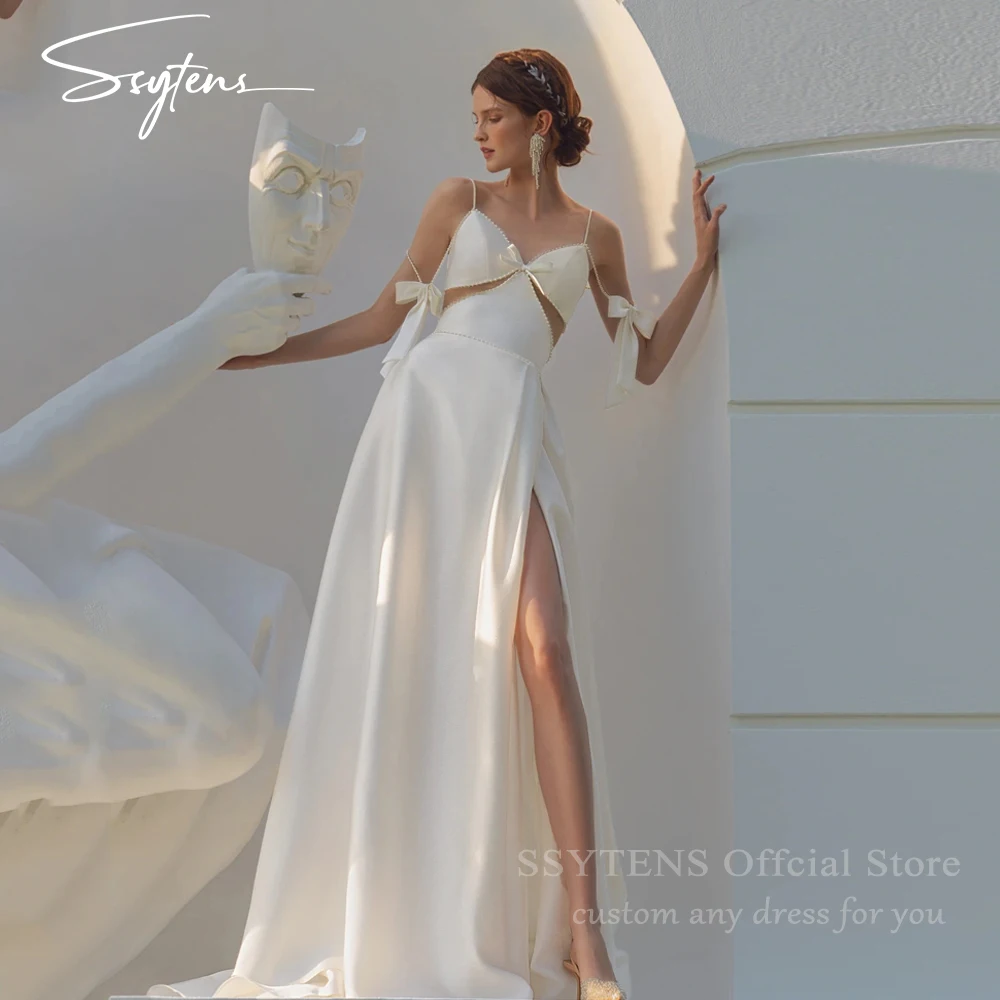 

SSYTENS Simple Wedding Gown Elegant Satin Bride Dress Pearls Spaghetti straps Backless Bridal Dress Wedding Dresses Customized