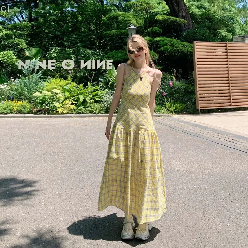 

Корейский стиль Ins, клетчатые летние праздничные пляжные платья без рукавов с открытой спиной, повседневное женское длинное платье